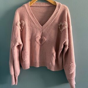 Shein Heart Pattern Drop Shoulder Beaded Sweater